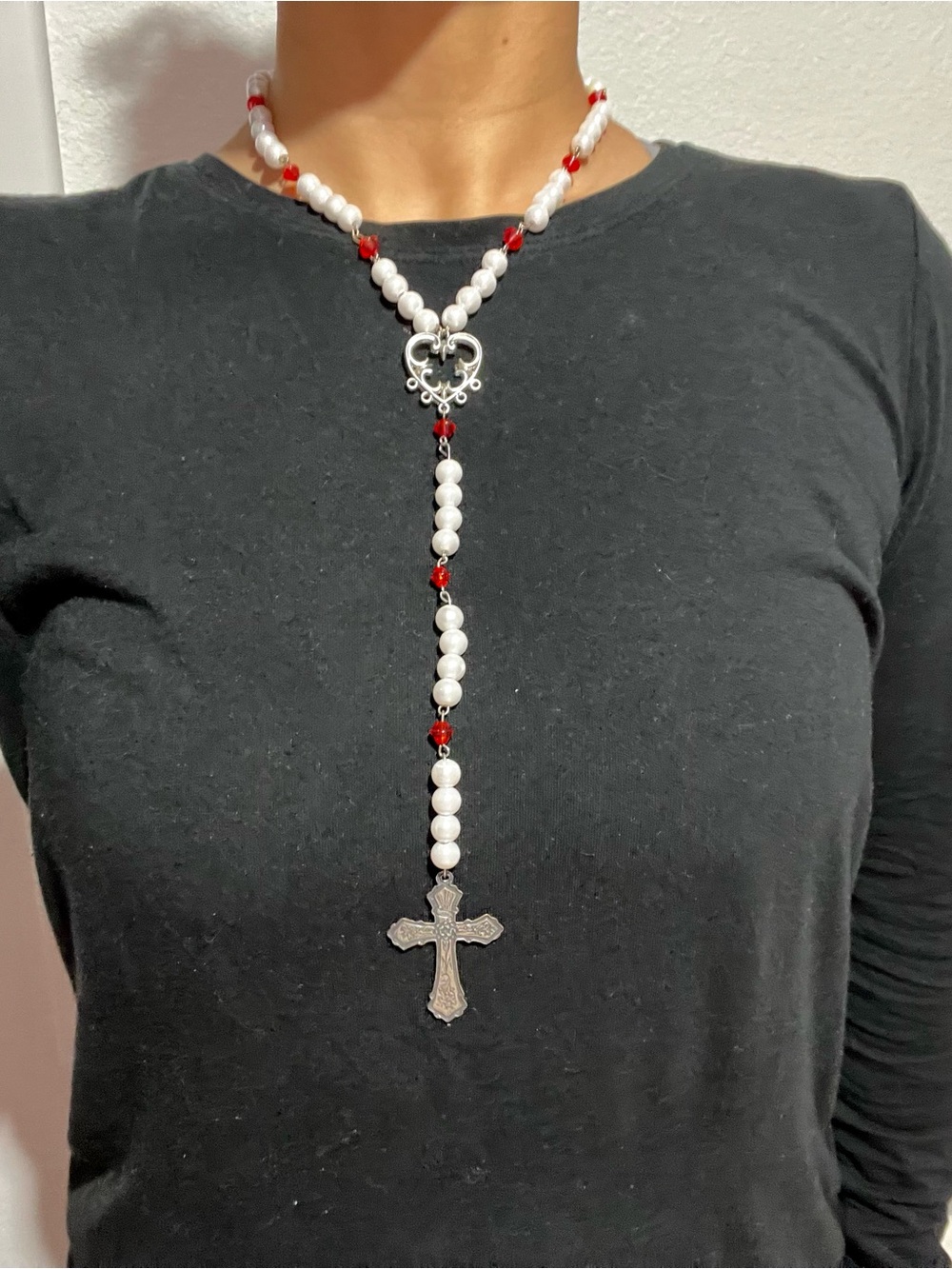 Custom Handmade Faux Pearl Red Beaded Rosary Style Cross Necklace